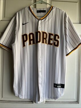 Nike Padres White Pinstripe Eric HOSMER Jersey with Brown and Gold Trim